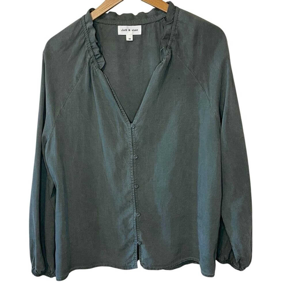 Cloth & Stone Cottage Core Minimalist Green Button Up Long Sleeve Blouse Medium